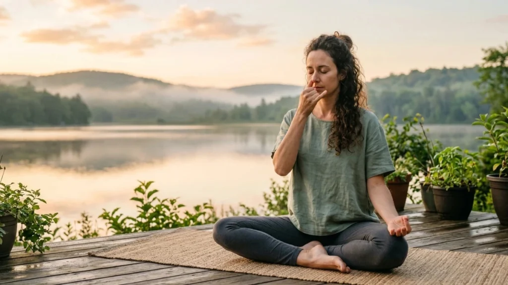 Person practicing Anulom Vilom Pranayama using alternate nostril breathing in a peaceful morning setting.
