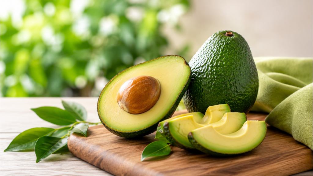 Fresh avocado halves on a wooden board with natural light highlighting their creamy texture.