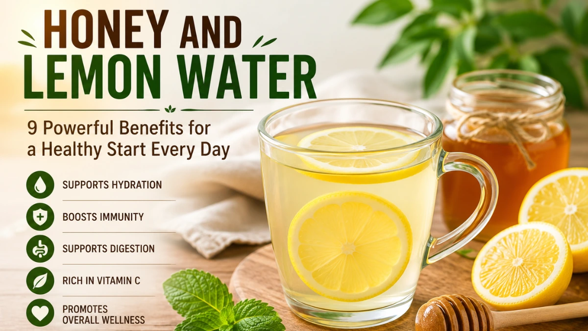 Honey and lemon water with fresh lemon slices and natural honey on a wooden table.