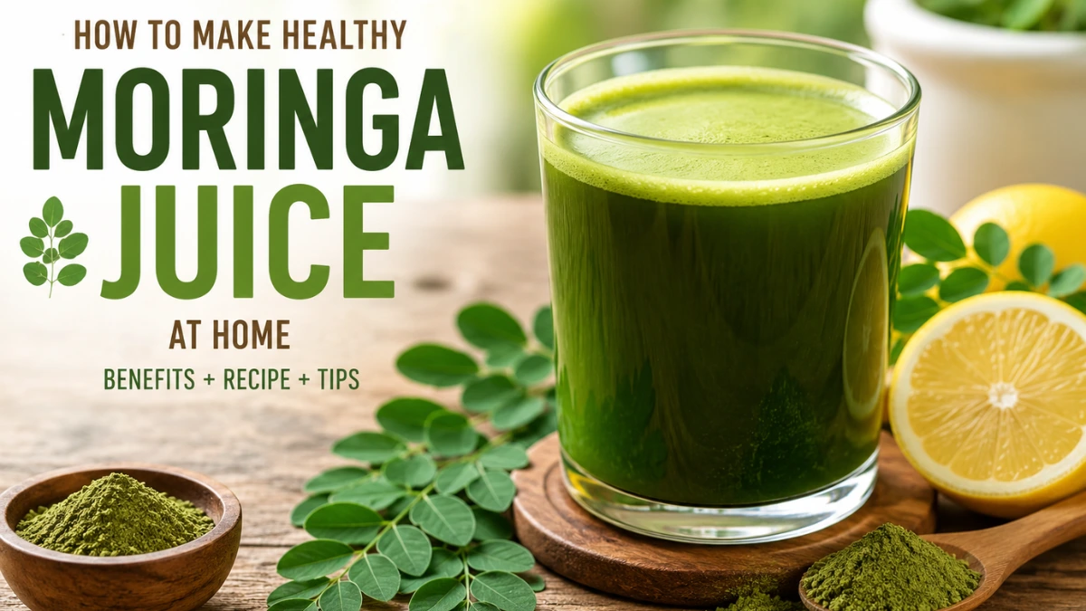 Glass of moringa juice made with moringa powder, lemon slices, and fresh green leaves on a wooden table in natural light.