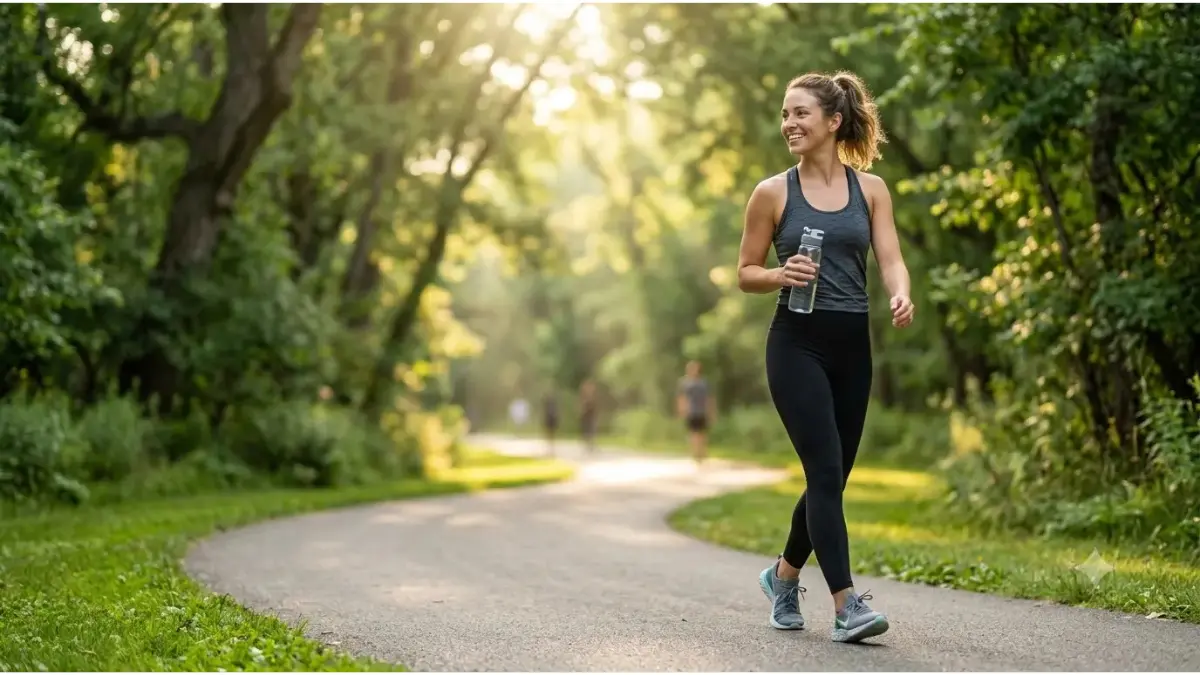 Woman walking outdoors in a green park during sunrise, representing the health benefits of 30 minutes of daily walking.