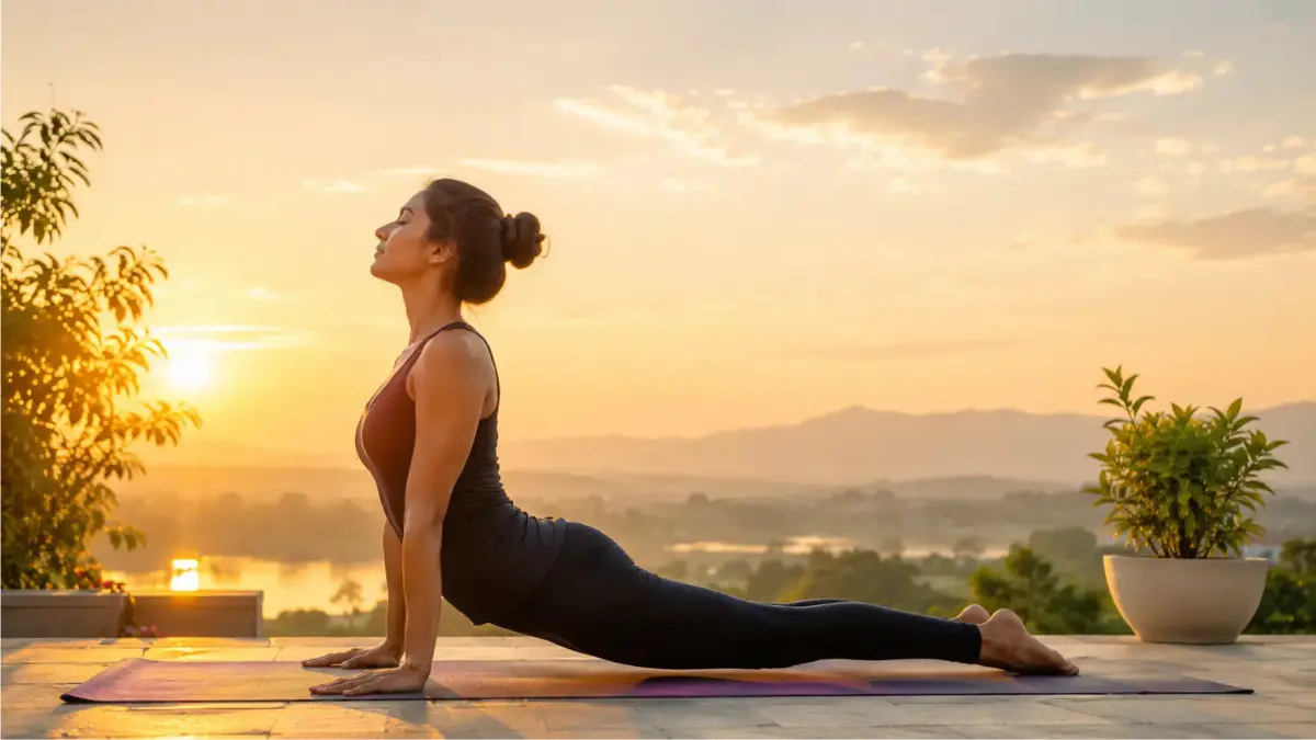 Woman performing Surya Namaskar at sunrise for flexibility and wellness