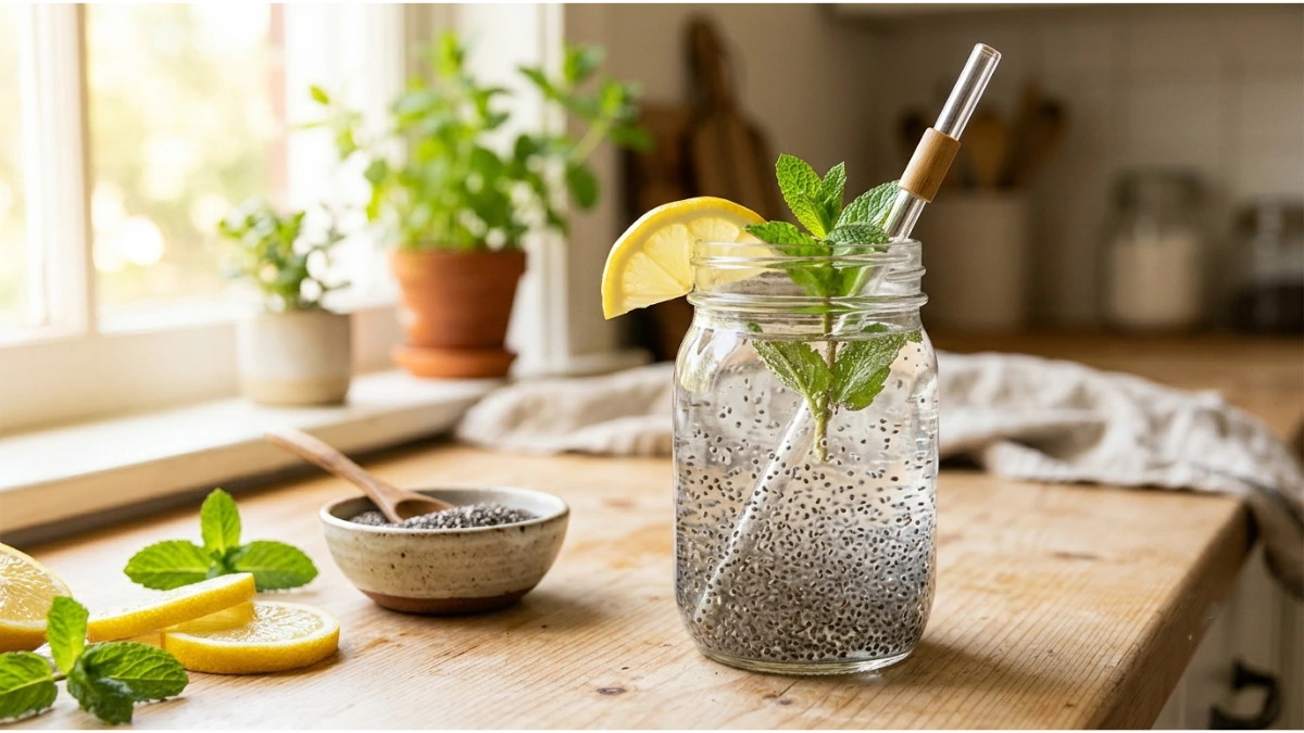 Glass of chia seed water with lemon slices and fresh mint on a wooden table in natural morning light.