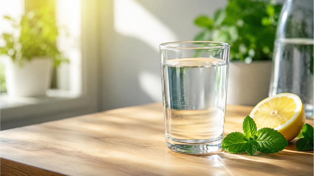 A clear glass of fresh water near lemon and mint leave, placed on a wooden table in natural sunlight.