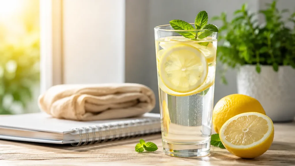 Glass of fresh lemon water with sliced lemons on a wooden table representing the benefits of drinking lemon water every day.