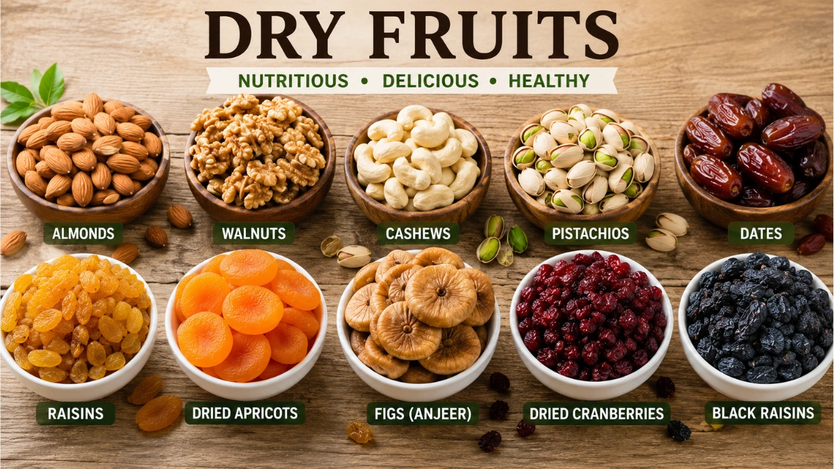 Best dry fruits including almonds, walnuts, pistachios, raisins, dates, and cashews arranged in wooden bowls.
