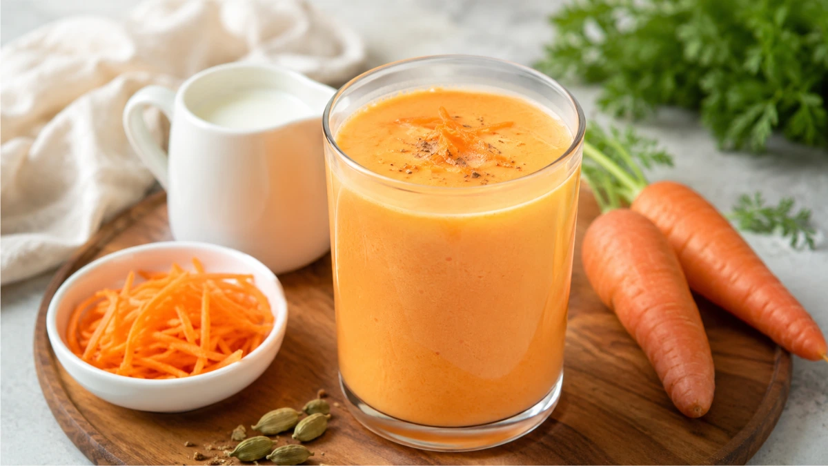 A glass of homemade carrot milk served with fresh carrots and milk on a wooden board.