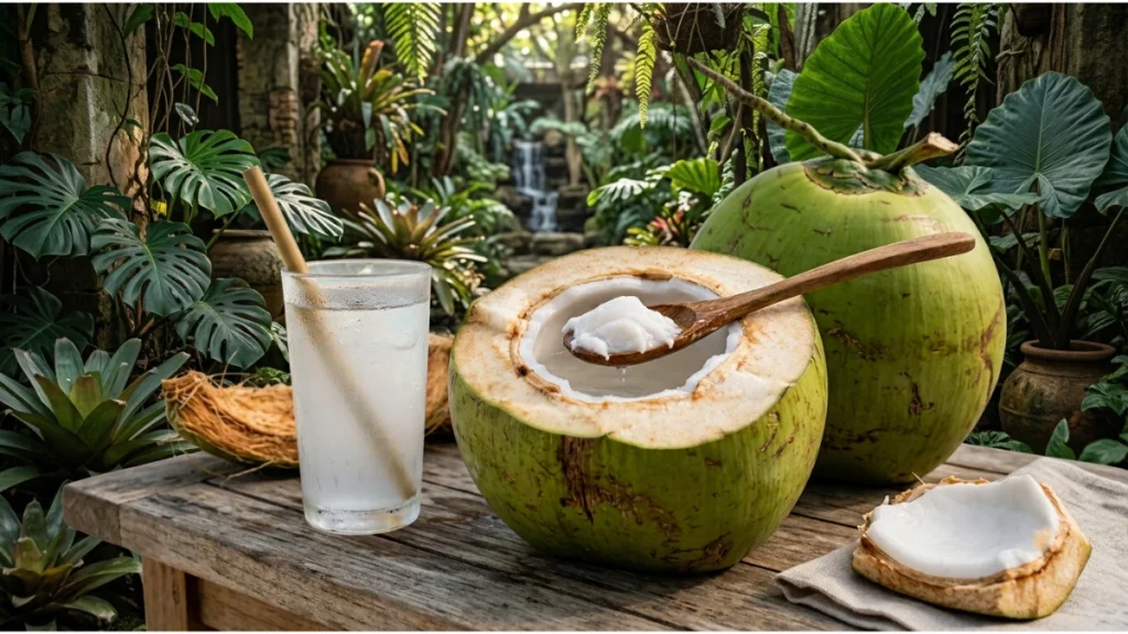Fresh coconut with coconut water, white coconut flesh, and tropical leaves showing a healthy natural food choice