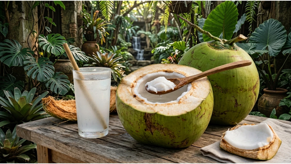 Fresh coconut with coconut water, white coconut flesh, and tropical leaves showing a healthy natural food choice