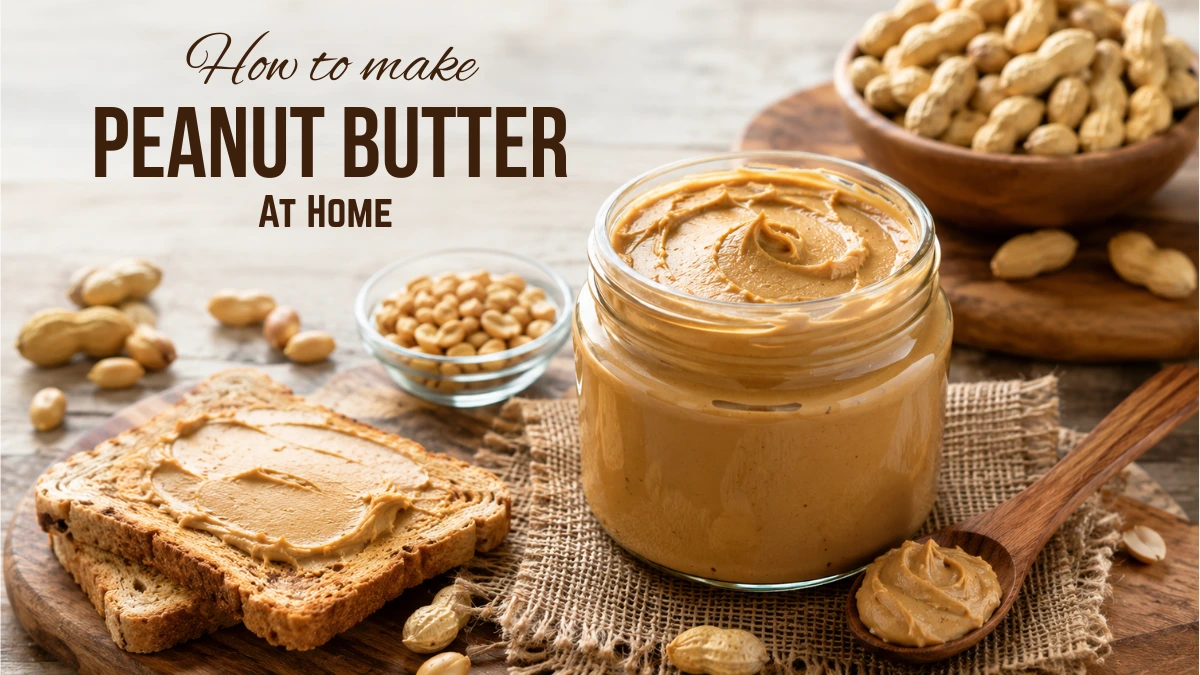 Healthy homemade peanut butter in a glass jar with roasted peanuts on a wooden table.