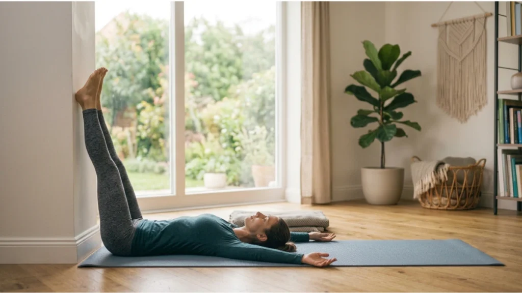 Legs Up the Wall Pose (Viparita Karani) in a relaxing bedtime yoga routine