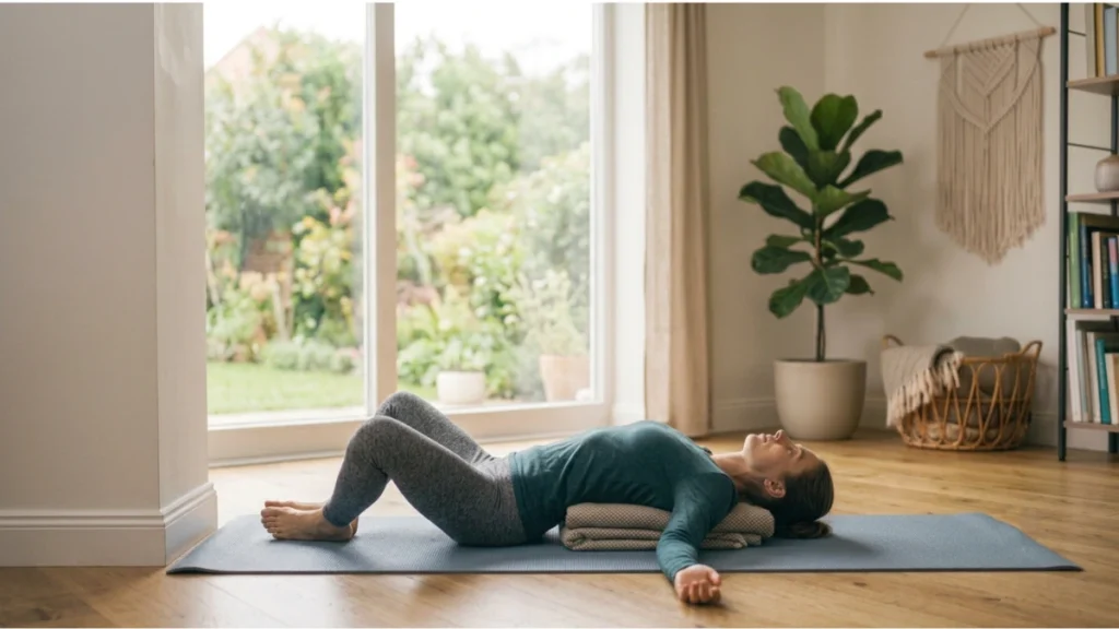 Reclined Bound Angle Pose (Supta Baddha Konasana) for bedtime relaxation