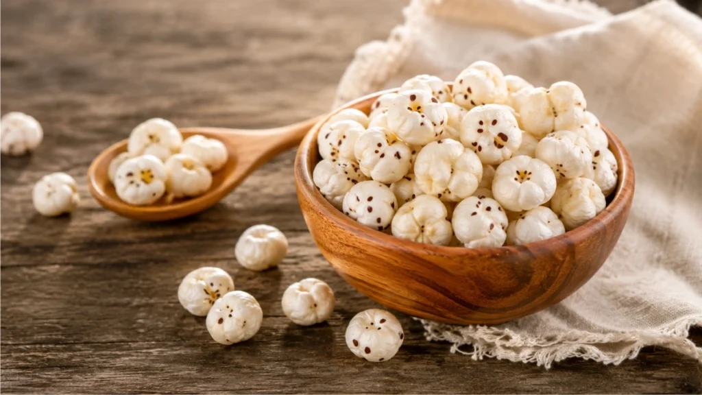 Makhana benefits shown with roasted fox nuts in a wooden bowl on a rustic table