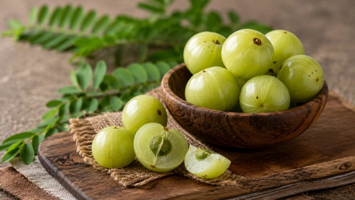 Fresh Indian gooseberries (amla) in a wooden bowl showing the natural fruit used for its nutritional benefits