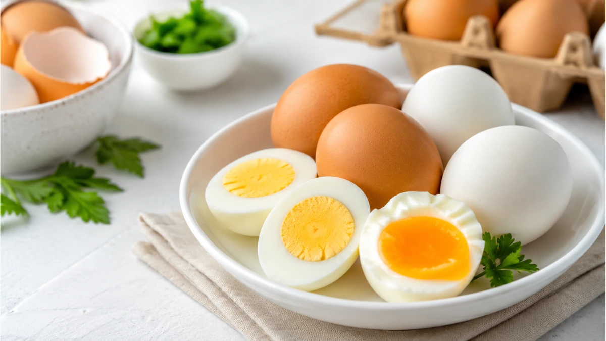 Fresh whole and boiled eggs on a white plate, highlighting a nutritious protein-rich food for a healthy diet.