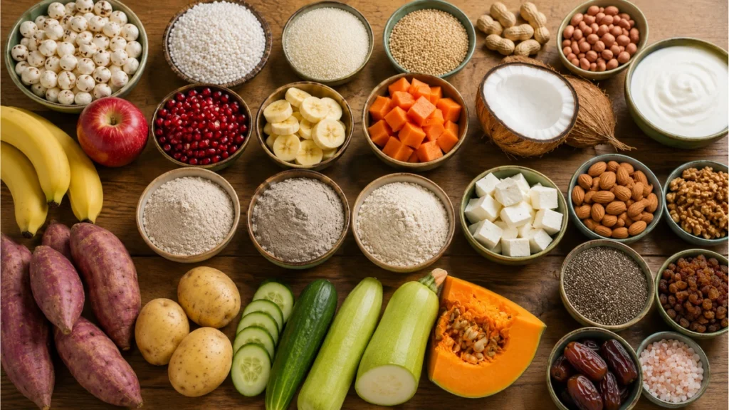 Best fasting foods to eat including makhana, sabudana, rajgira, kuttu flour, sweet potatoes, coconut, and yogurt
