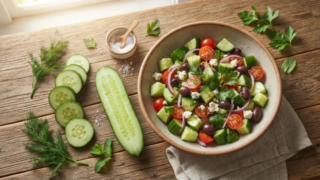 Nutritional value of cucumber showing fresh sliced cucumber with natural ingredients