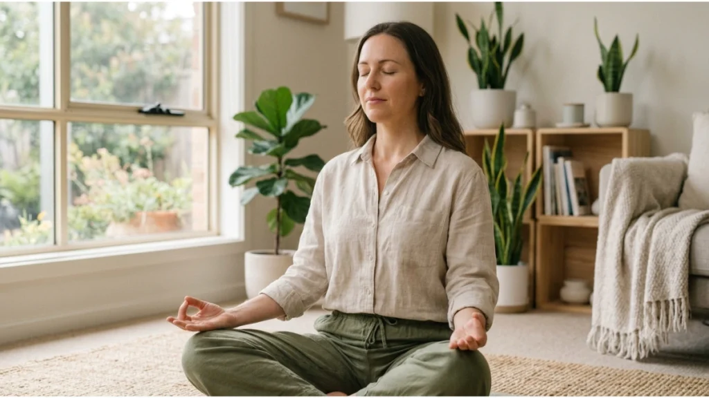 Person practicing deep breathing exercises to reduce stress and promote relaxation