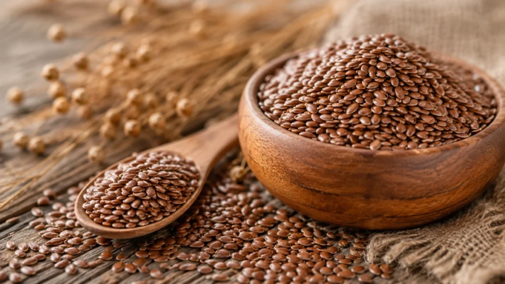 Close-up of a wooden bowl filled with flax seeds on a rustic surface representing healthy natural superfood nutrition