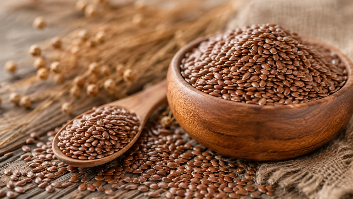 Close-up of a wooden bowl filled with flax seeds on a rustic surface representing healthy natural superfood nutrition