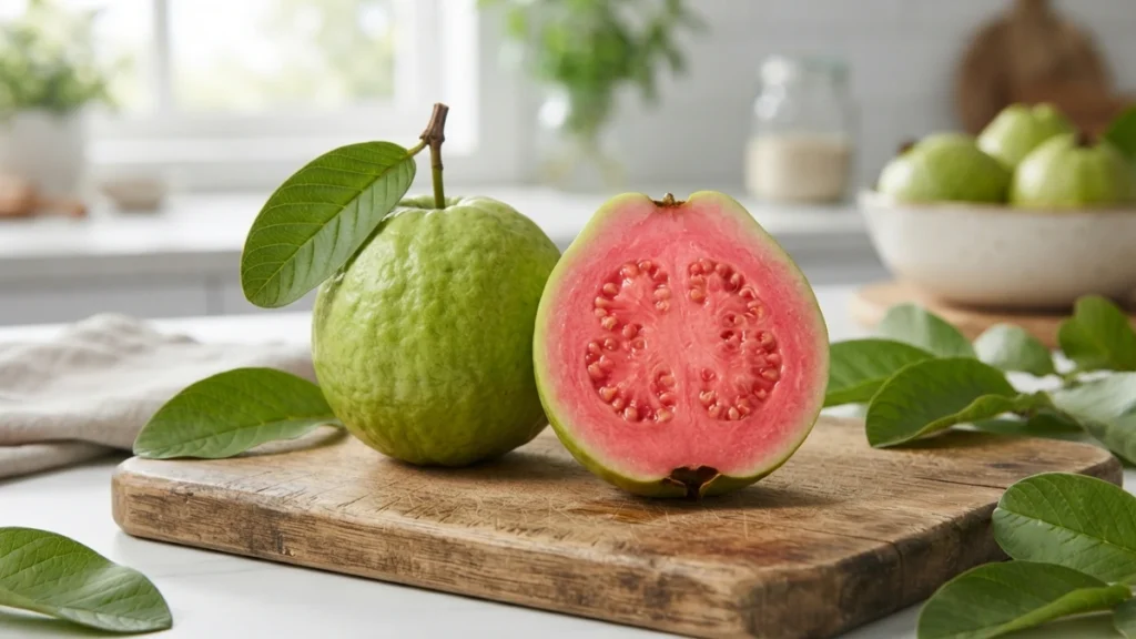 Fresh sliced pink guava showing vitamin C rich flesh