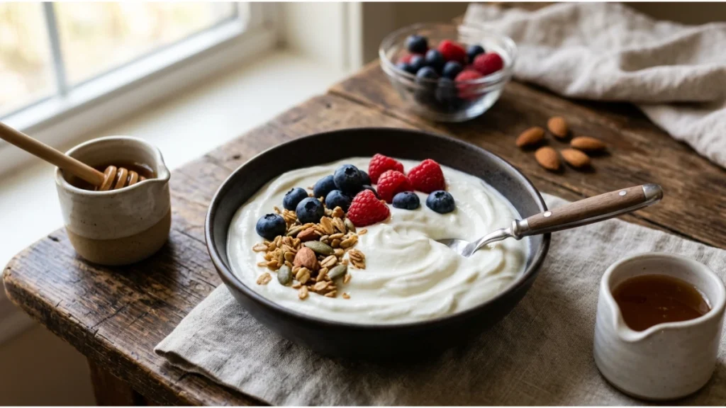 Greek Yogurt Benefits: Plain Greek yogurt topped with fresh berries and nuts