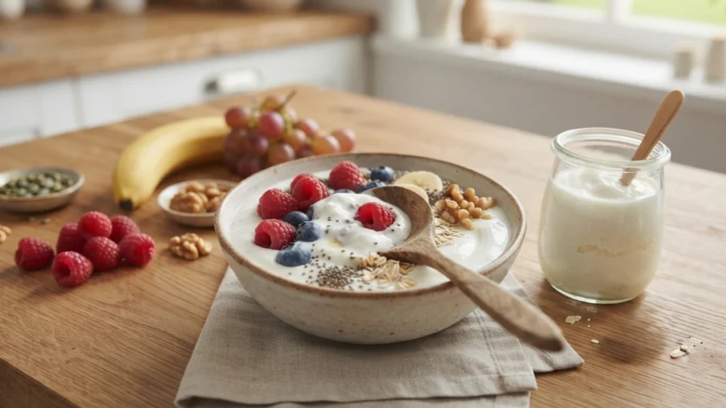 Gut health friendly breakfast with yogurt oats chia seeds and fruits