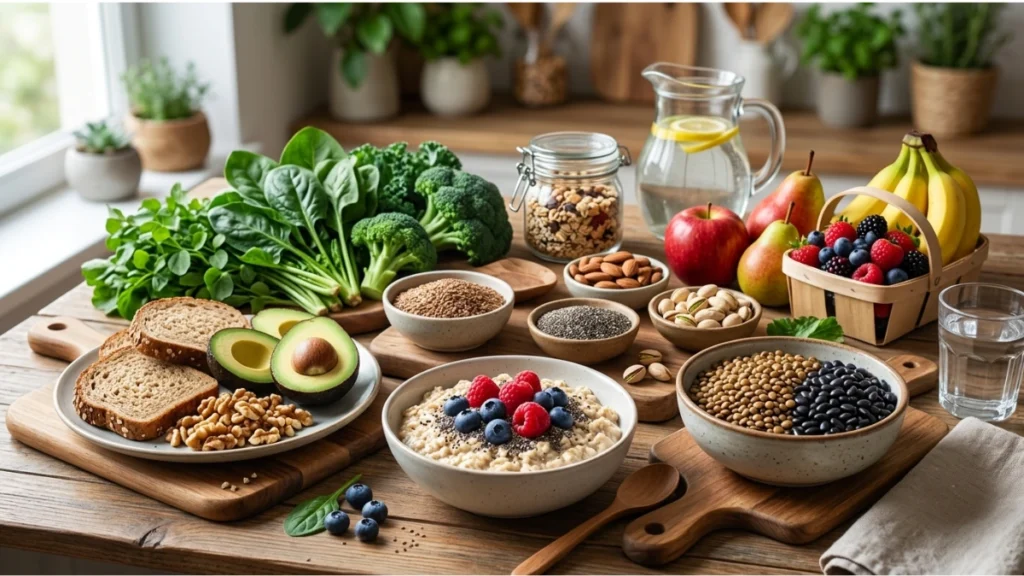 A variety of high-fiber foods including oats, beans, lentils, apples, berries, broccoli, leafy greens, chia seeds, and whole grains on a wooden table.