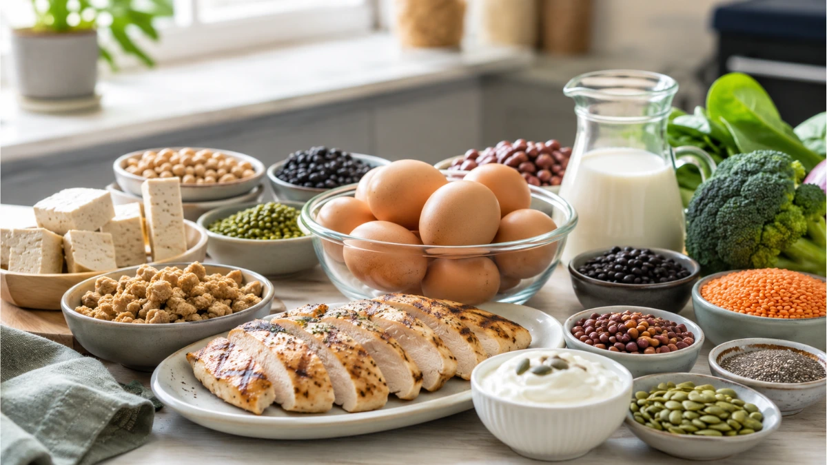 A variety of highest protein foods including eggs, chicken, lentils, nuts, and seeds