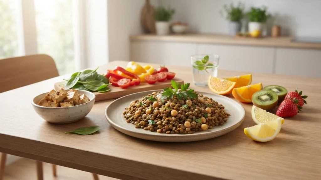 This image showcases the top 10 iron-rich vegetarian foods that may help support healthy hemoglobin levels naturally. It includes lentils, spinach, tofu, chickpeas, kidney beans, quinoa, pumpkin seeds, sesame seeds, fortified breakfast cereals, and dark chocolate as part of a balanced vegetarian diet.