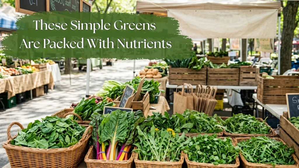 A variety of fresh leafy green vegetables including spinach, kale, lettuce, and other nutritious greens