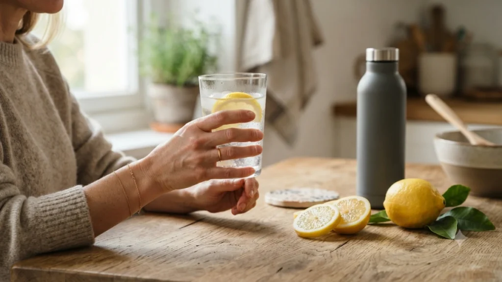 Fresh lemon water in a glass with sliced lemons, representing daily hydration and healthy lifestyle habits.