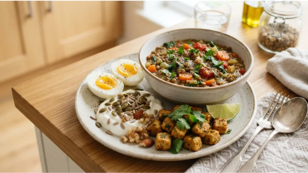 A realistic nutrition image showing different high protein foods including eggs, dairy, legumes, nuts, and seeds.