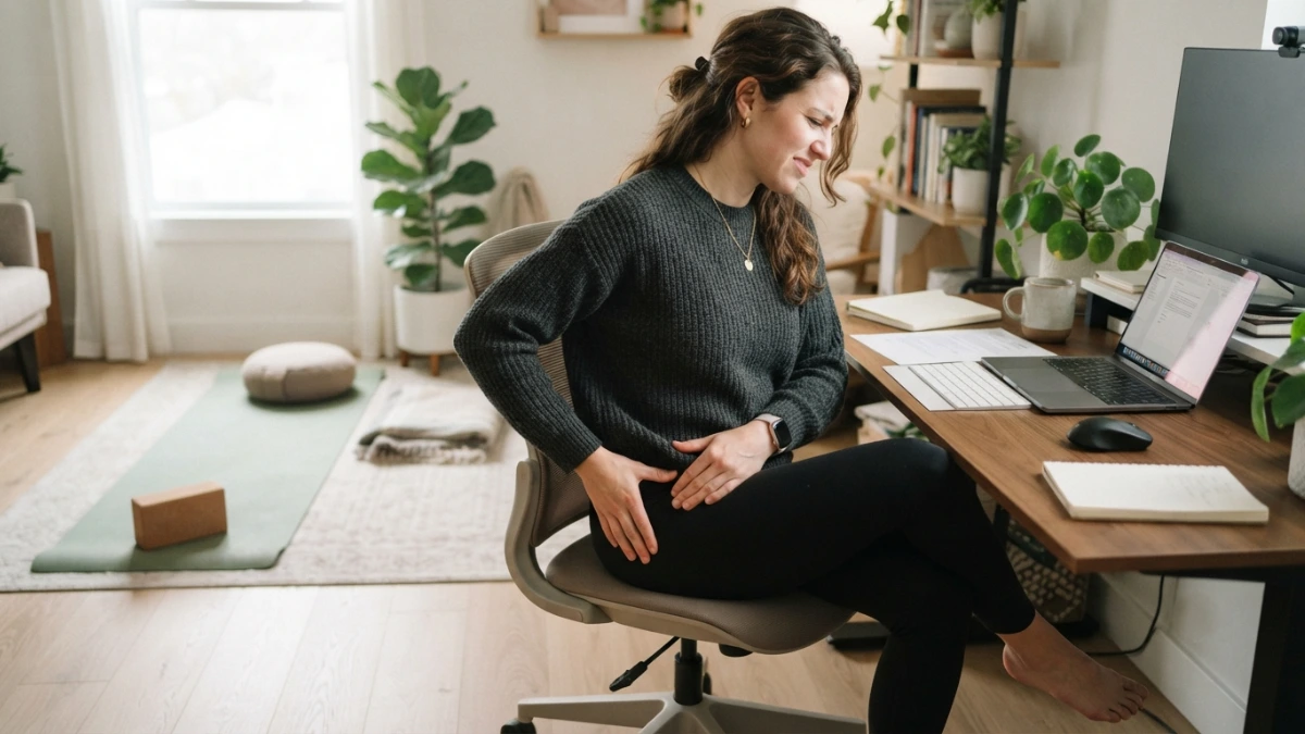 Woman practicing gentle yoga to relieve tight hips from sitting all day