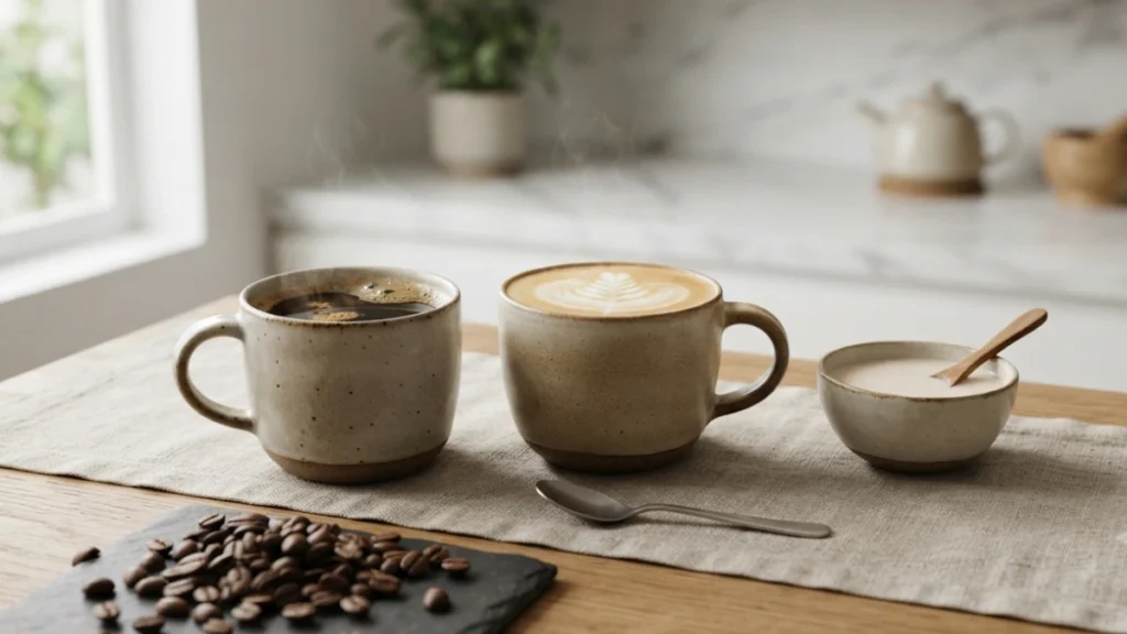 Different types of coffee including black coffee latte and cappuccino