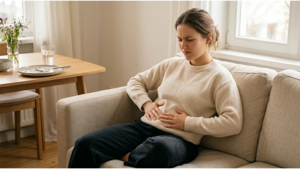Person experiencing stomach bloating after eating a healthy meal at a dining table