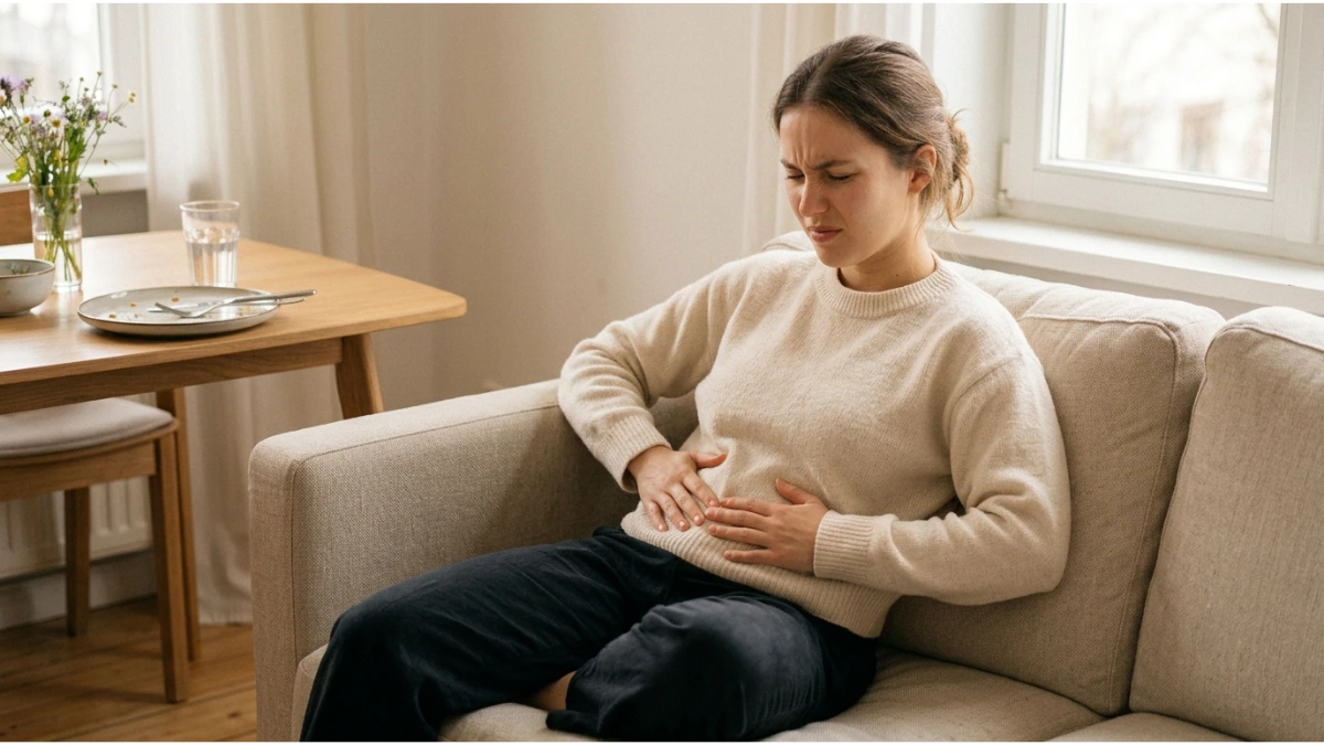 Person experiencing stomach bloating after eating a healthy meal at a dining table