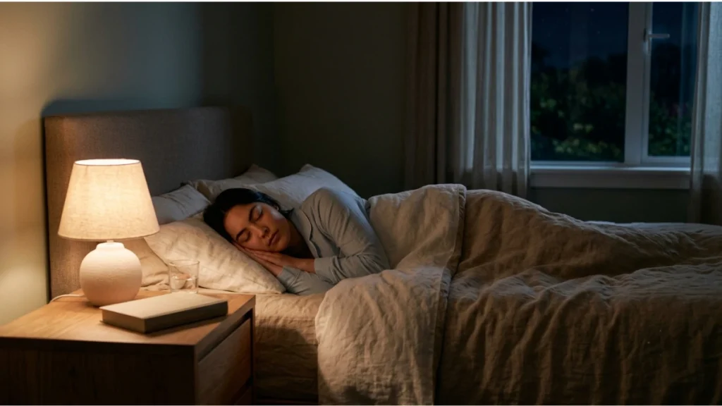 Woman relaxing at night after a calming bedtime yoga routine for better sleep