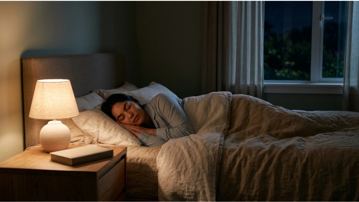Woman relaxing at night after a calming bedtime yoga routine for better sleep