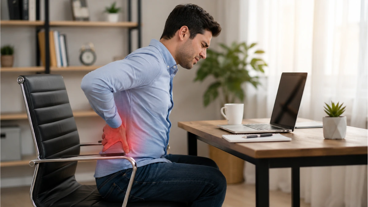 Office worker experiencing lower back pain after sitting all day before practicing yoga poses that may help relieve stiffness naturally.