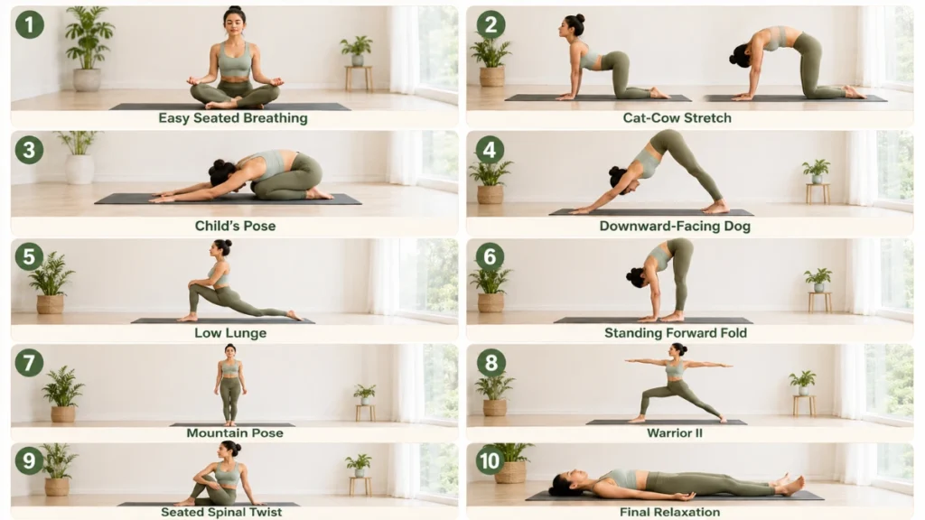 10-minute morning yoga routine with 10 beginner yoga poses