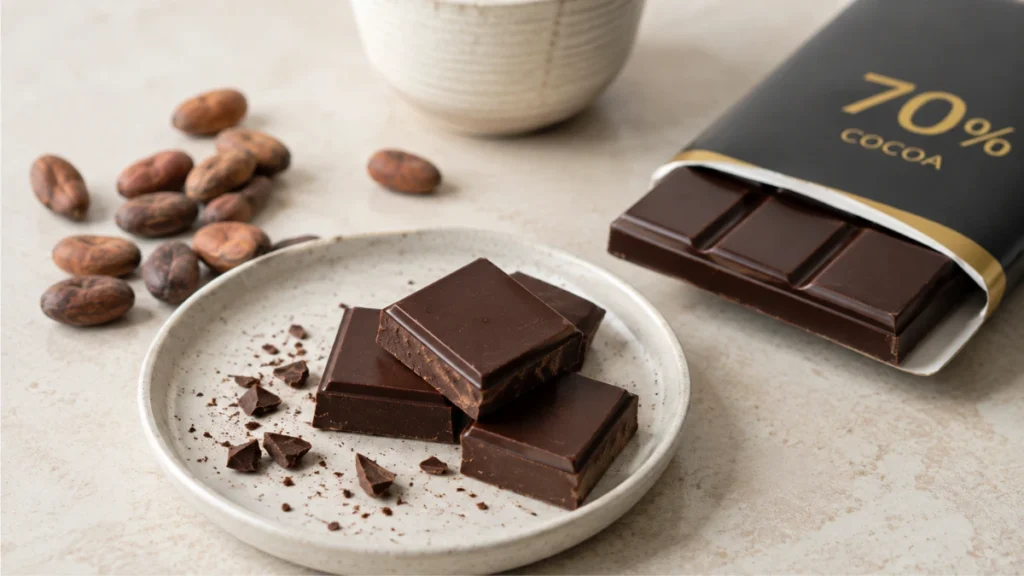 70 percent dark chocolate serving with cocoa beans