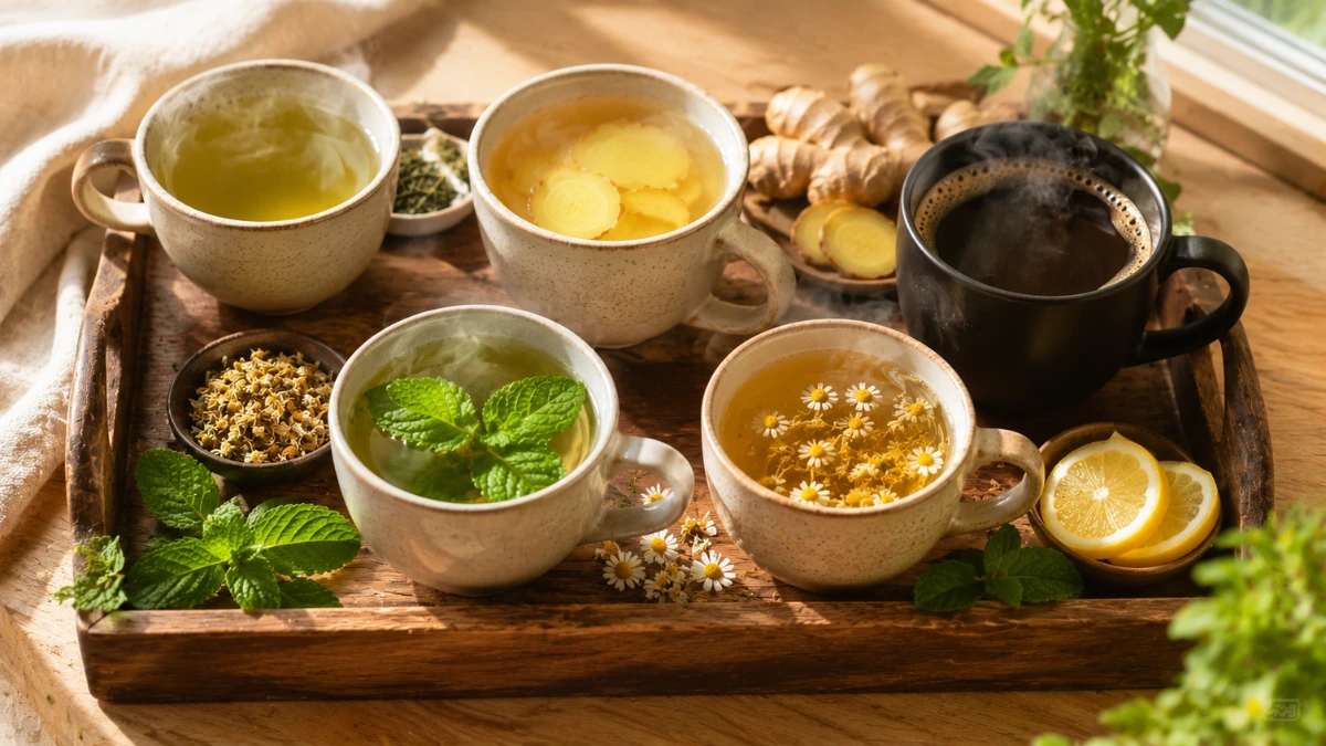 Drinks for Weight Loss featuring green tea, ginger tea, black coffee, peppermint tea, and chamomile tea on a wooden tray.