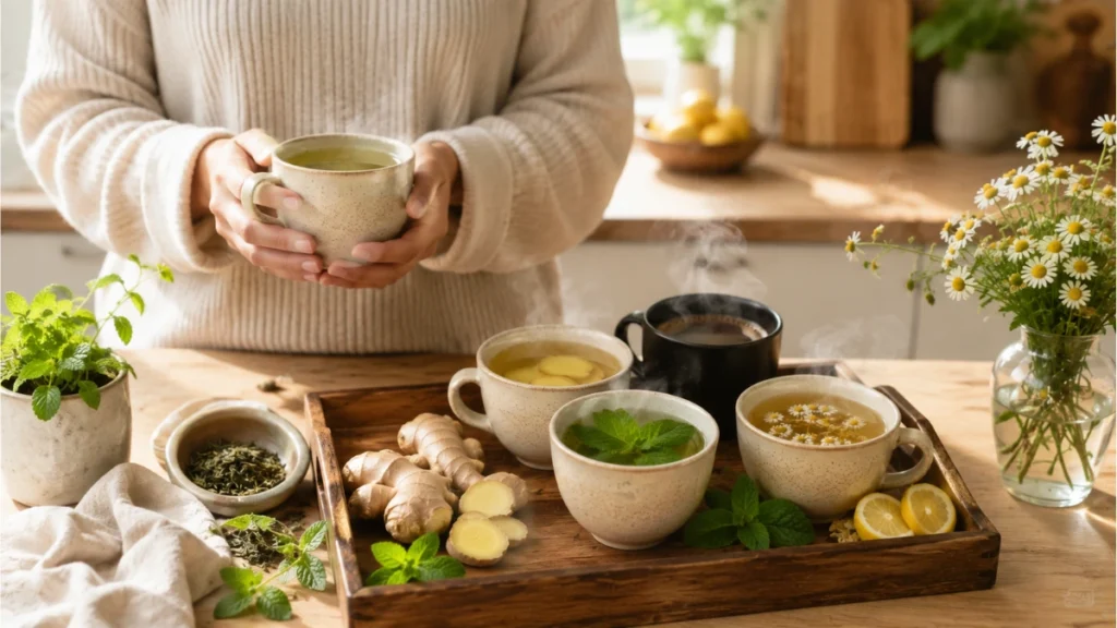Drinks for Weight Loss prepared with natural ingredients, including green tea, ginger tea, black coffee, peppermint tea, and chamomile tea.