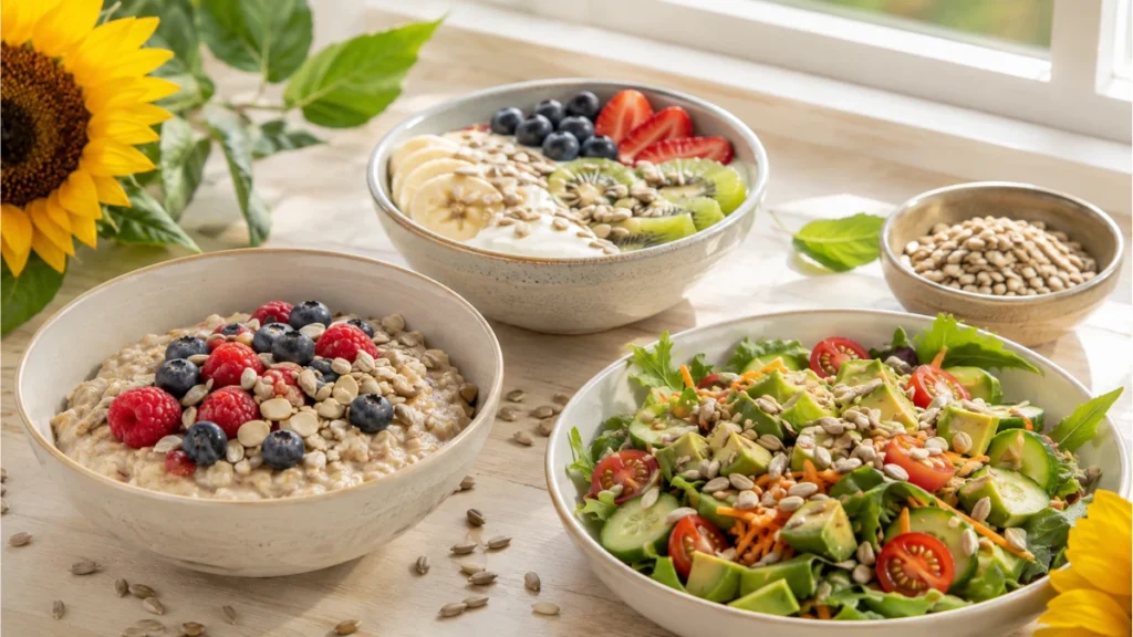 Healthy ways to eat sunflower seeds with oatmeal, yogurt, salad, and roasted seeds
