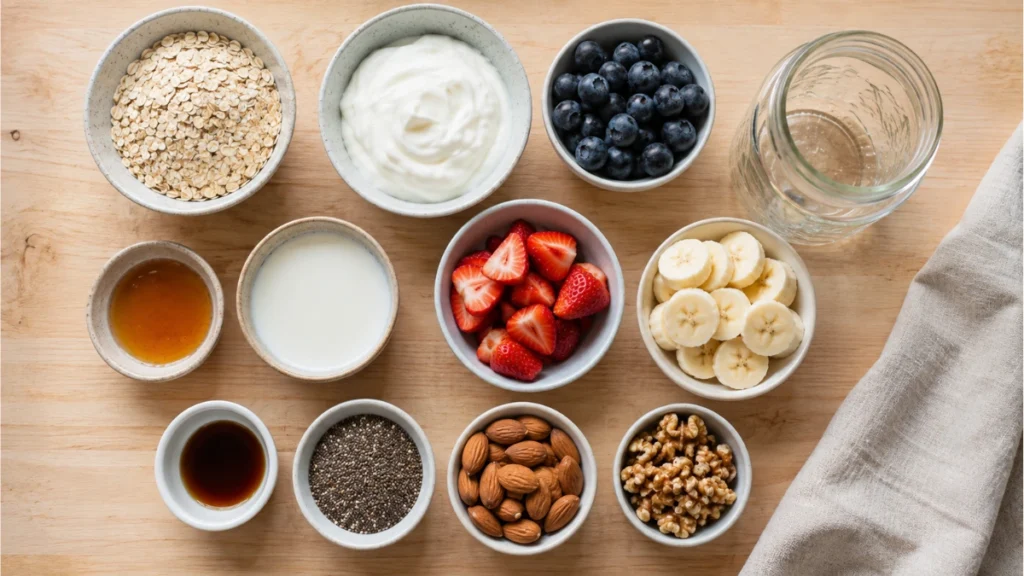 Ingredients for an overnight oats recipe including rolled oats, Greek yogurt, milk, chia seeds, berries, and almonds