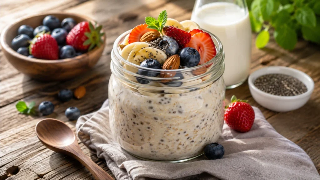 Overnight oats recipe served in a mason jar with fresh berries, banana, almonds, and chia seeds