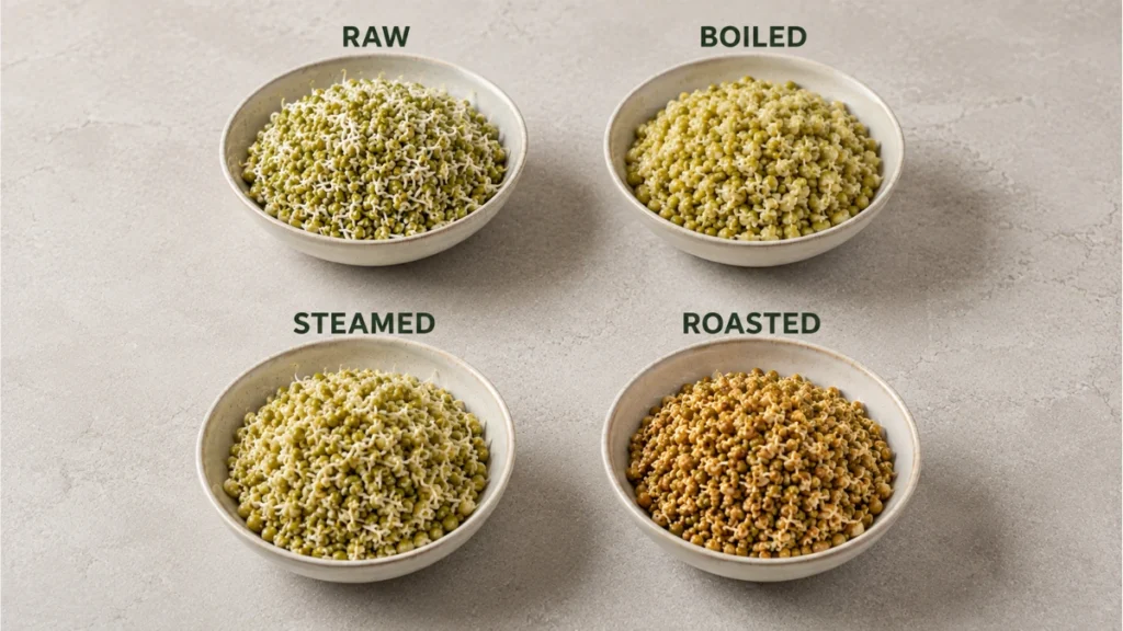 Raw, boiled, steamed and roasted mung bean sprouts