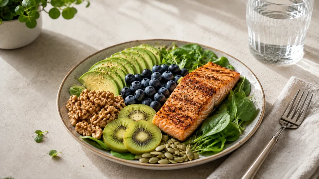 Cooked salmon with avocado, kiwi, blueberries, walnuts, and leafy greens