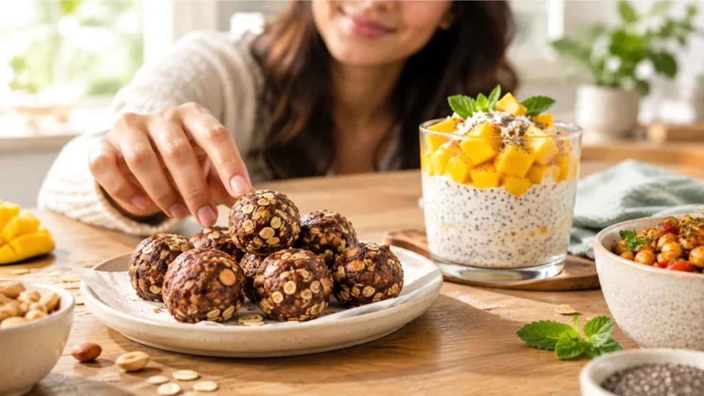Chocolate peanut butter oat bites with mango chia yogurt